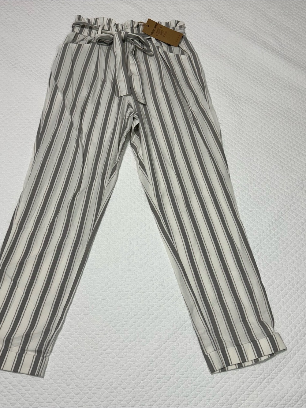 Thread & Supply Cream and Gray Vertical Stripe Paperbag Waist Chinos